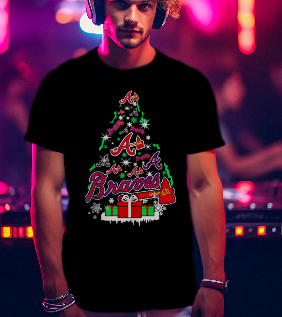 Christmas Tree Atlanta Braves Bravesword Santa Hat Baseball Snowflakes T-Shirt