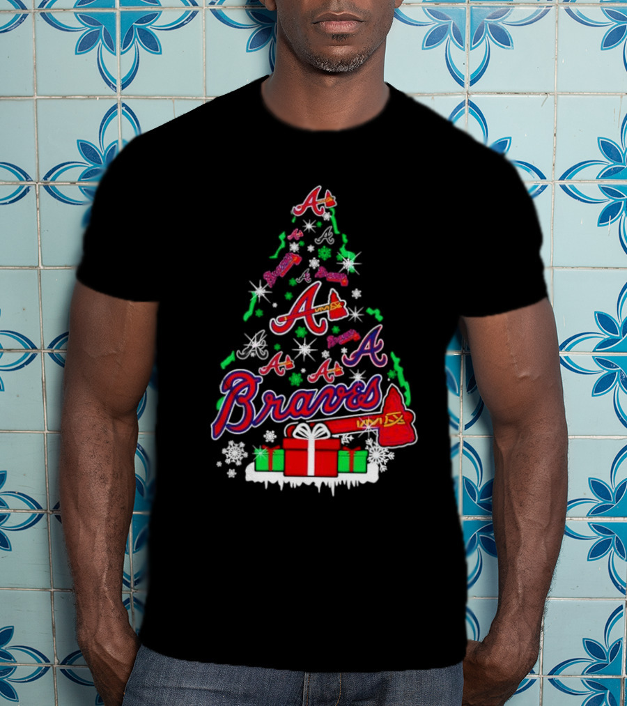 Christmas Tree Atlanta Braves Bravesword Santa Hat Baseball Snowflakes T-Shirt