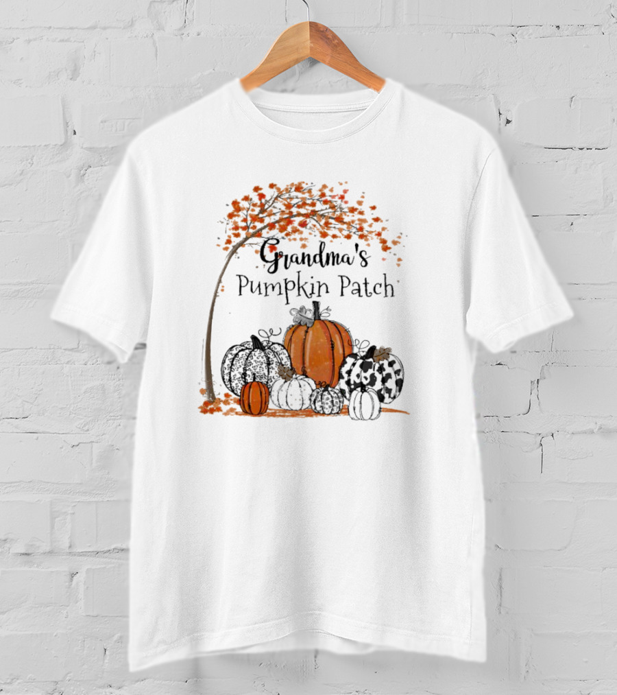 Grandma's Pumpkin Patch Autumn Harvest With Fall Leaves And Pumpkins T-Shirt