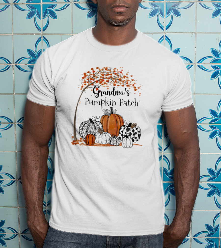 Grandma's Pumpkin Patch Autumn Harvest With Fall Leaves And Pumpkins T-Shirt
