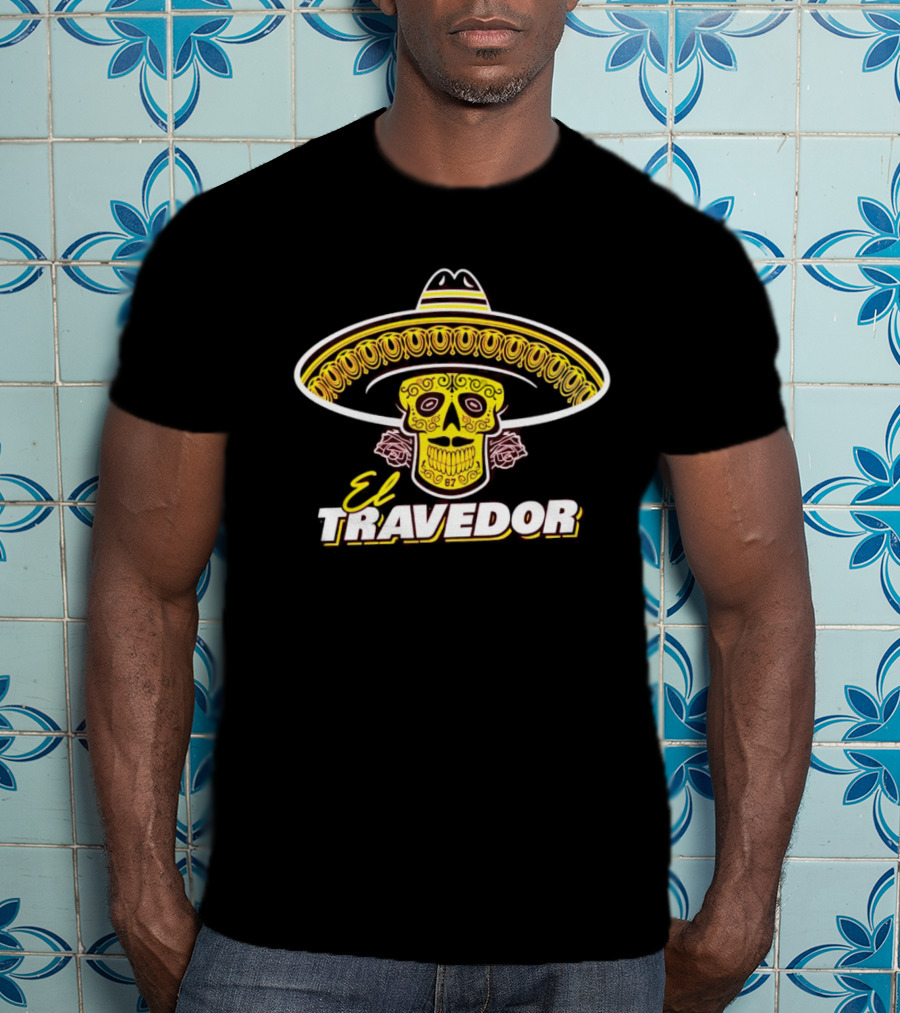 El Travedor Mexican Sugar Skull Sombrero Yellow Pink Roses T-Shirt
