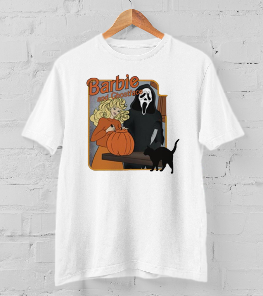 Barbie And Ghostface Halloween Pumpkin Carving Scene With Black Cat T-Shirt