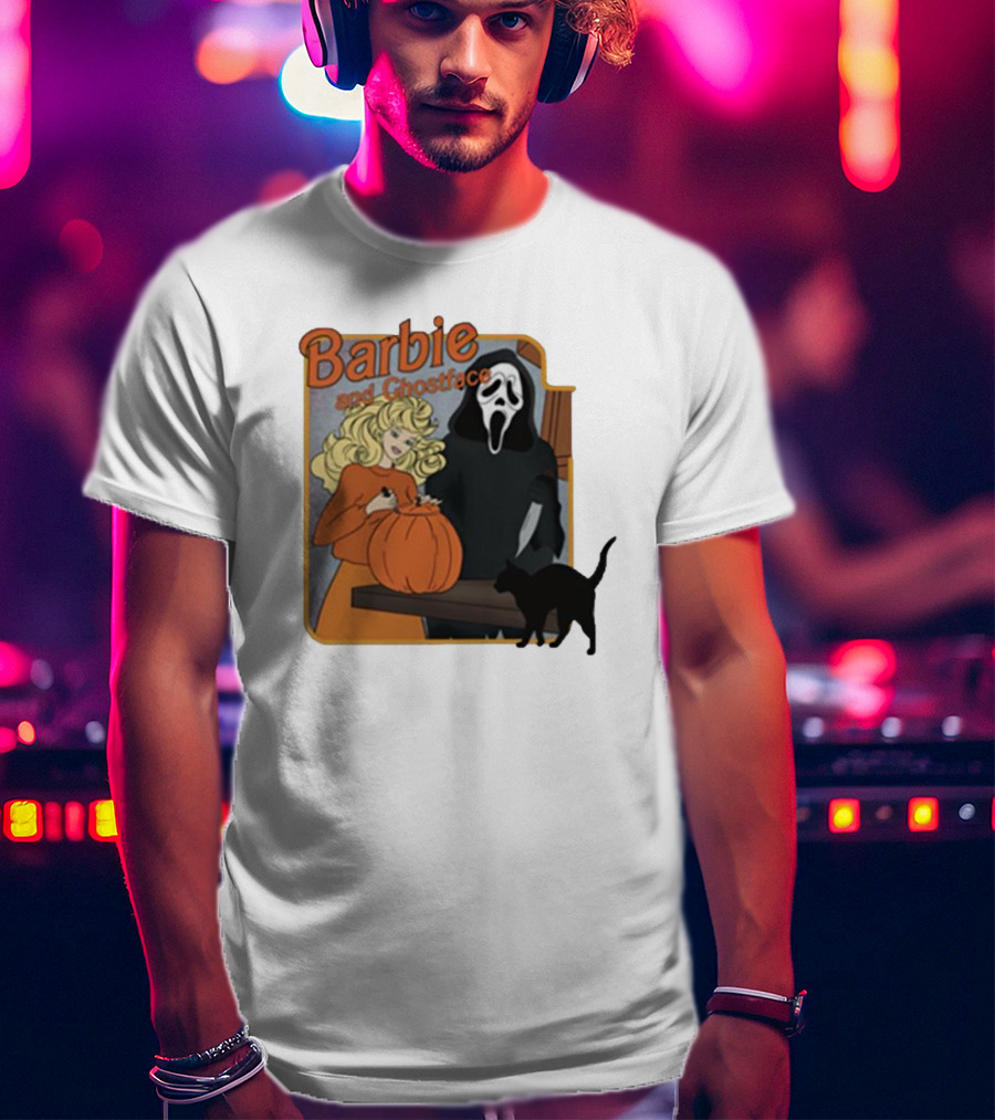 Barbie And Ghostface Halloween Pumpkin Carving Scene With Black Cat T-Shirt