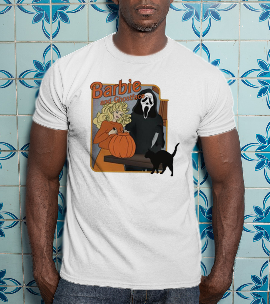 Barbie And Ghostface Halloween Pumpkin Carving Scene With Black Cat T-Shirt