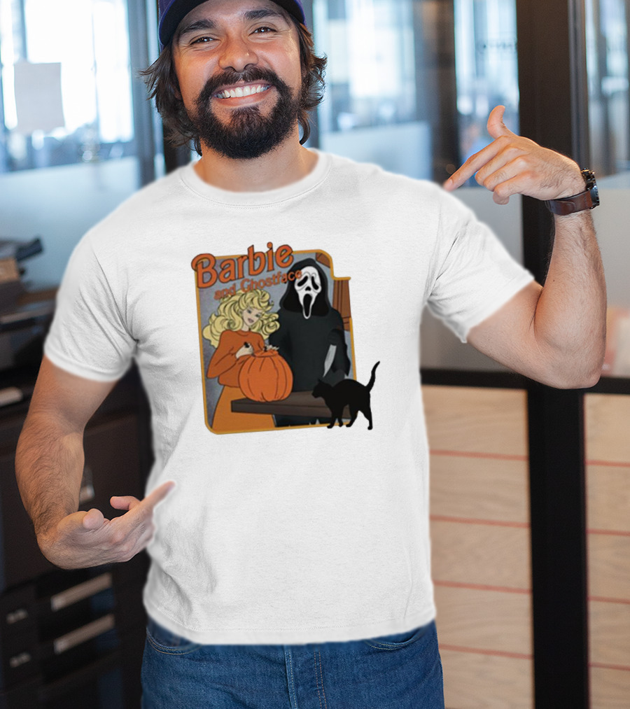 Barbie And Ghostface Halloween Pumpkin Carving Scene With Black Cat T-Shirt