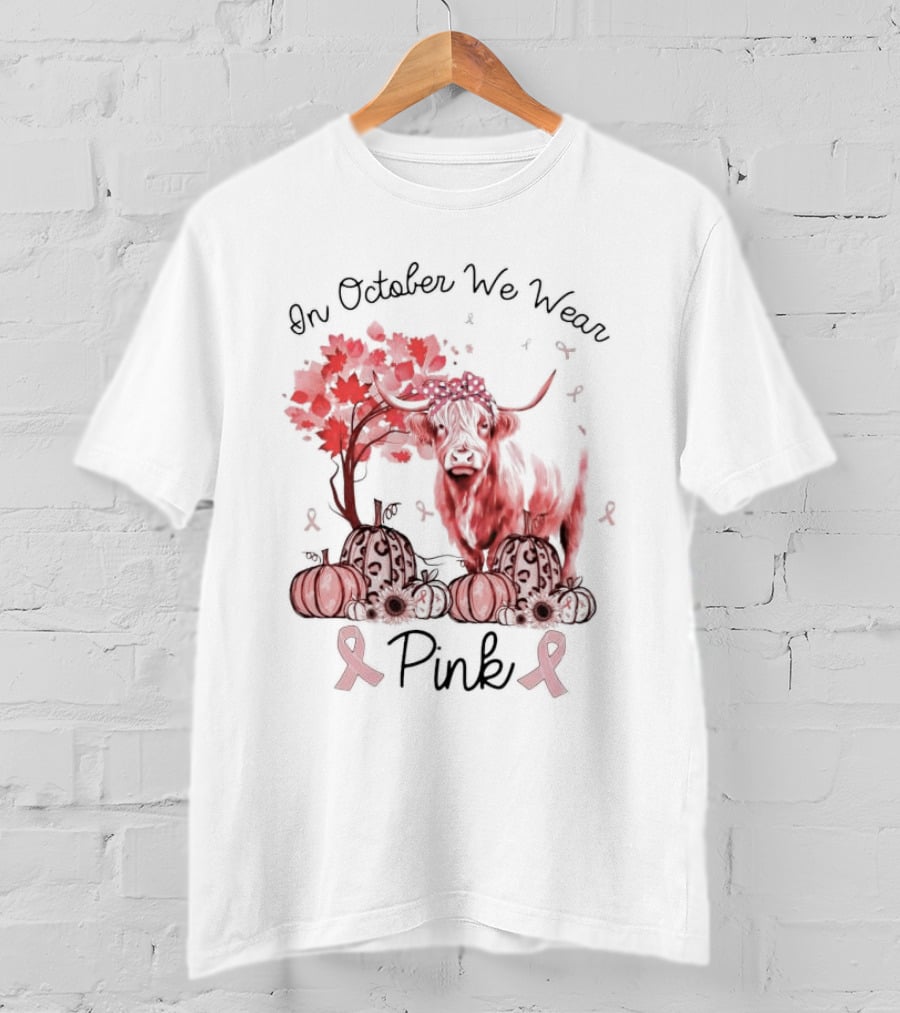In October We Wear Pink Cow With Pumpkins And Awareness Ribbons T-Shirt