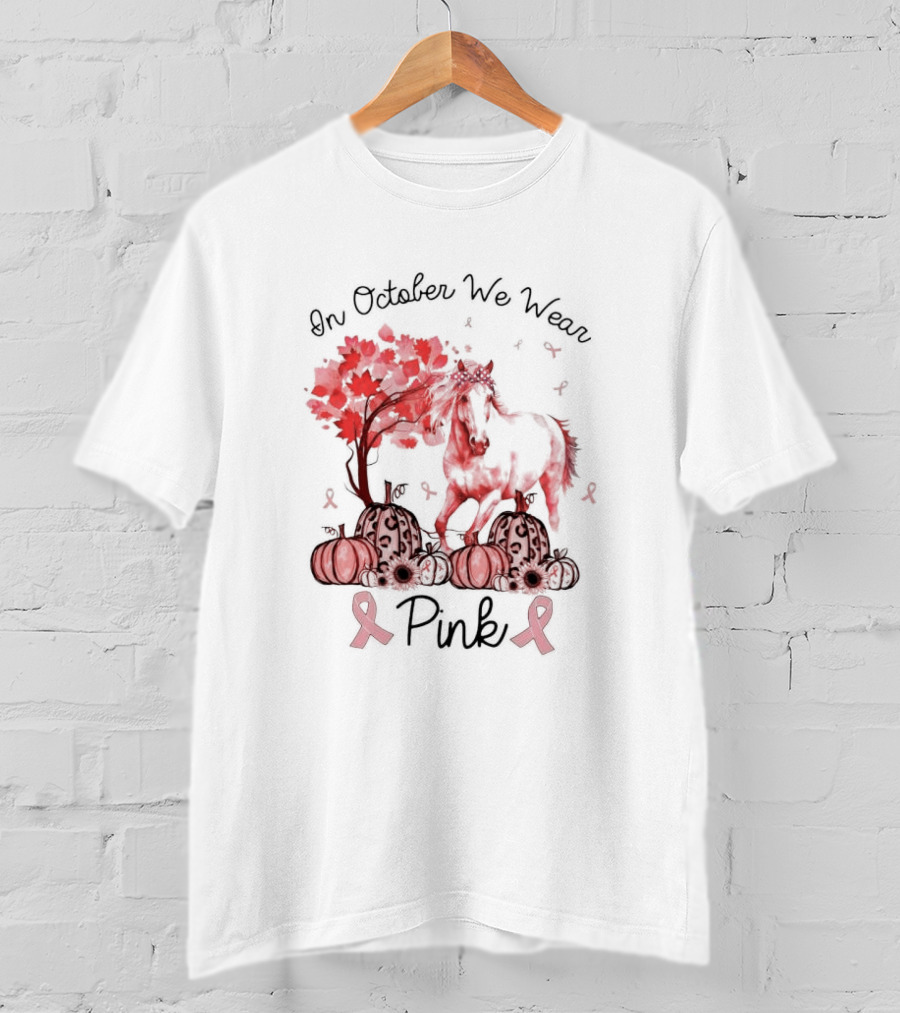 In October We Wear Pink Horse Ribbon Pumpkins Halloween T-Shirt