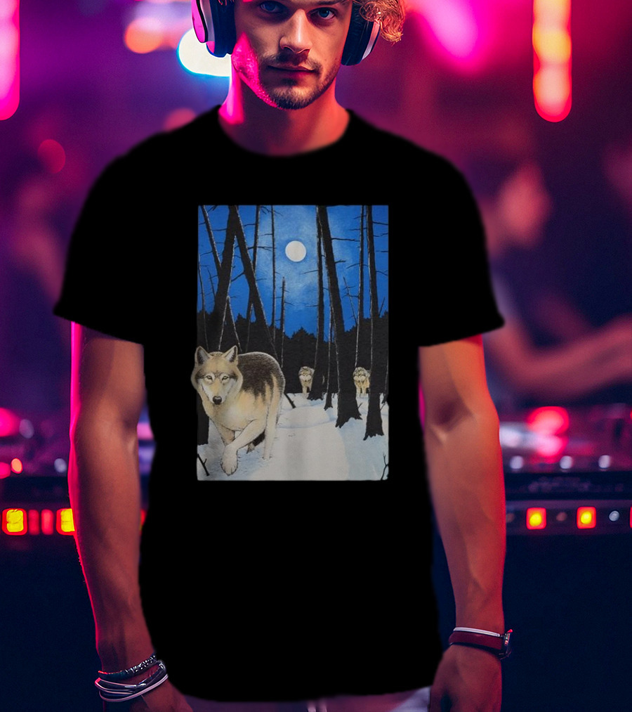 Snow 1995 Wild Earth Wolf Vintage Full Moon Forest Scene T-Shirt