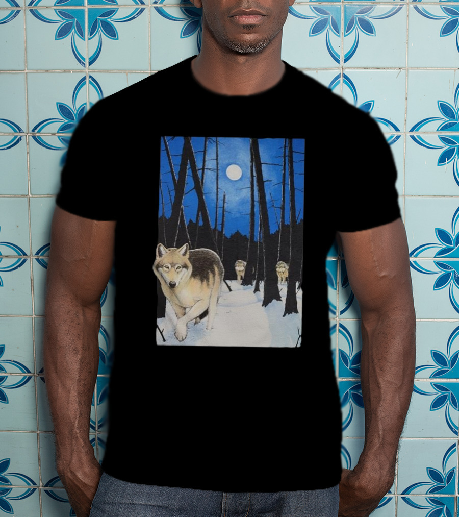 Snow 1995 Wild Earth Wolf Vintage Full Moon Forest Scene T-Shirt