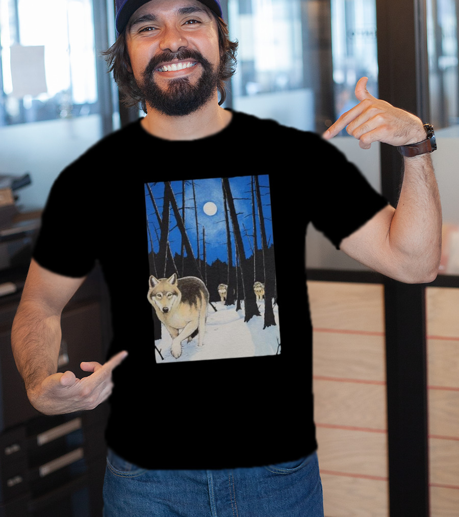 Snow 1995 Wild Earth Wolf Vintage Full Moon Forest Scene T-Shirt