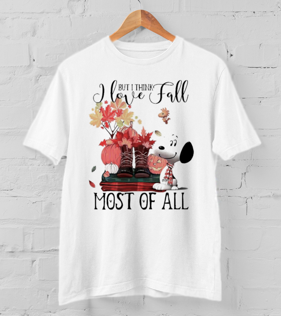 I Love Fall Most Of All Snoopy Dog With Boots Pumpkins And Leaves T-Shirt