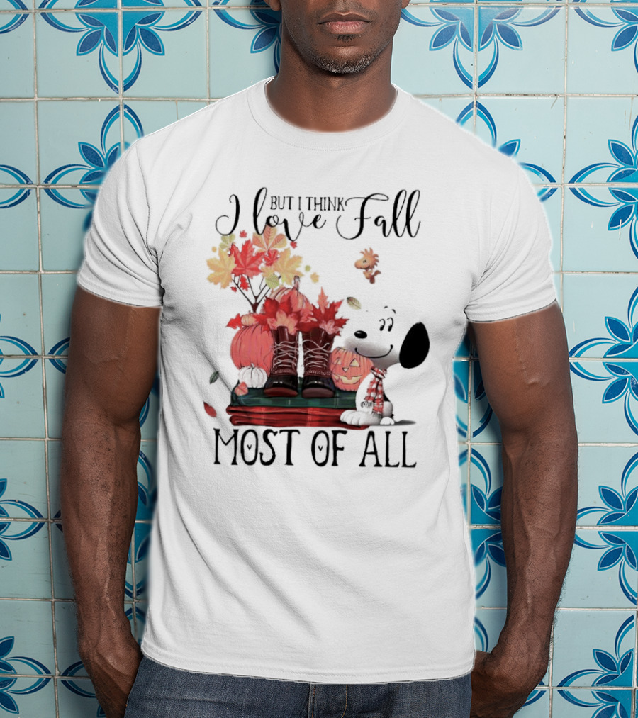 I Love Fall Most Of All Snoopy Dog With Boots Pumpkins And Leaves T-Shirt
