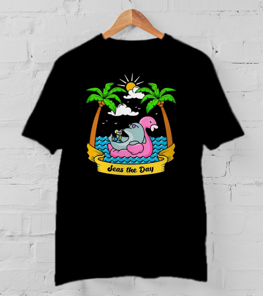 Seas The Day Relaxed Fit Palm Trees Flamingo Float Sunshine Clouds Ocean Waves T-Shirt