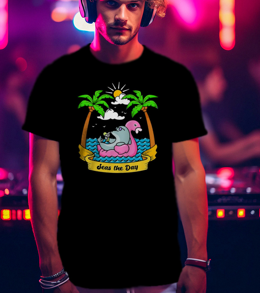 Seas The Day Relaxed Fit Palm Trees Flamingo Float Sunshine Clouds Ocean Waves T-Shirt