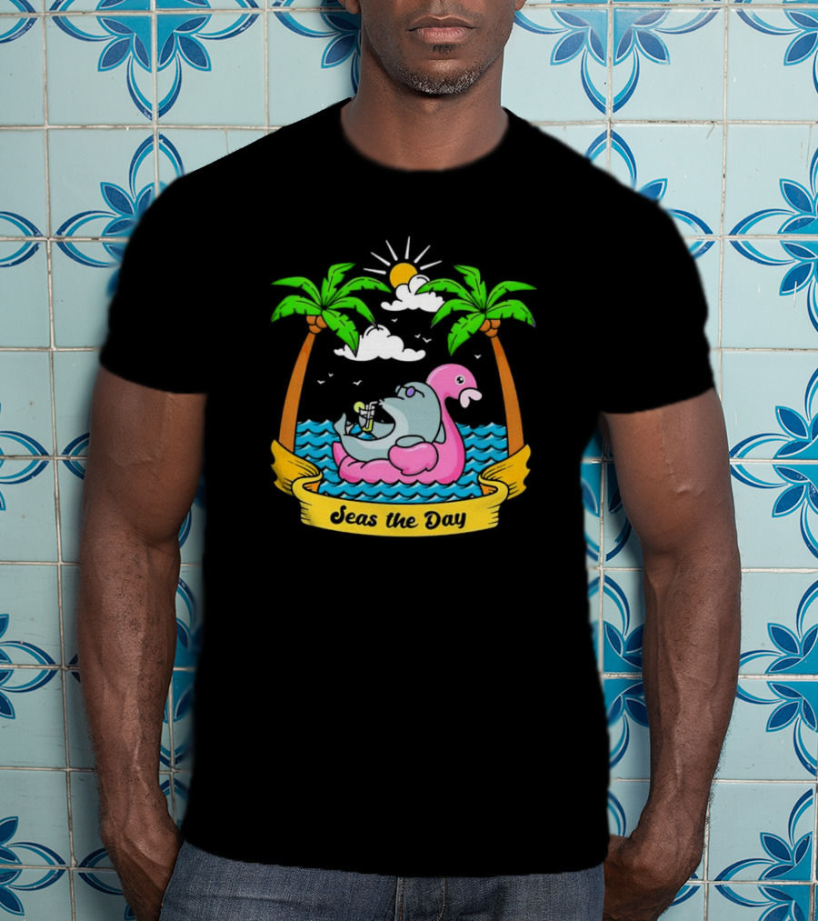 Seas The Day Relaxed Fit Palm Trees Flamingo Float Sunshine Clouds Ocean Waves T-Shirt