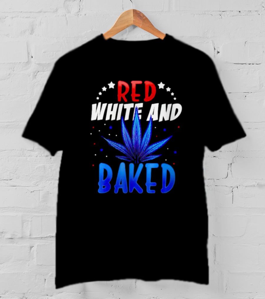 Red White And Baked Weed Leaf With Stars And Dots T-Shirt