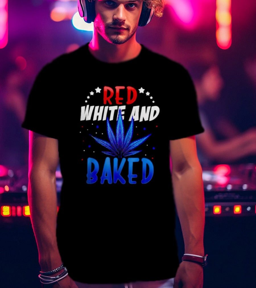 Red White And Baked Weed Leaf With Stars And Dots T-Shirt