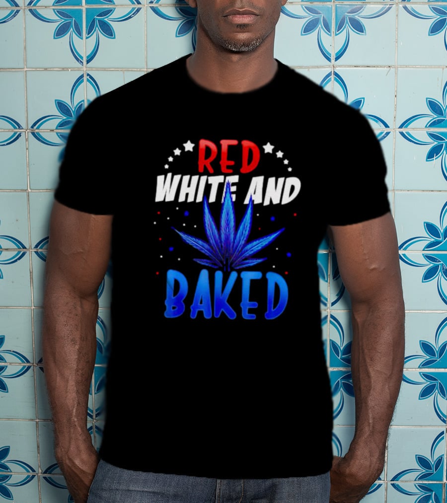 Red White And Baked Weed Leaf With Stars And Dots T-Shirt