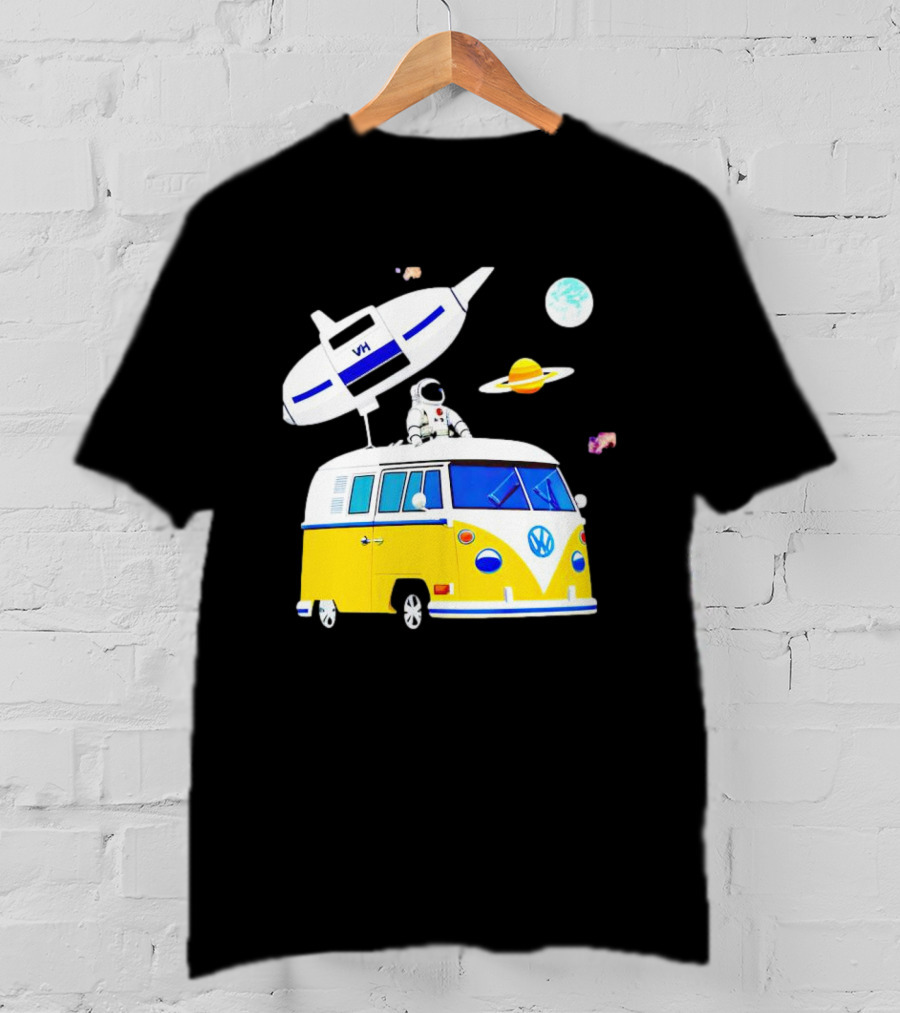 Astronaut Riding Yellow Volkswagen Bus With Rocket And Saturn Planet Background T-Shirt