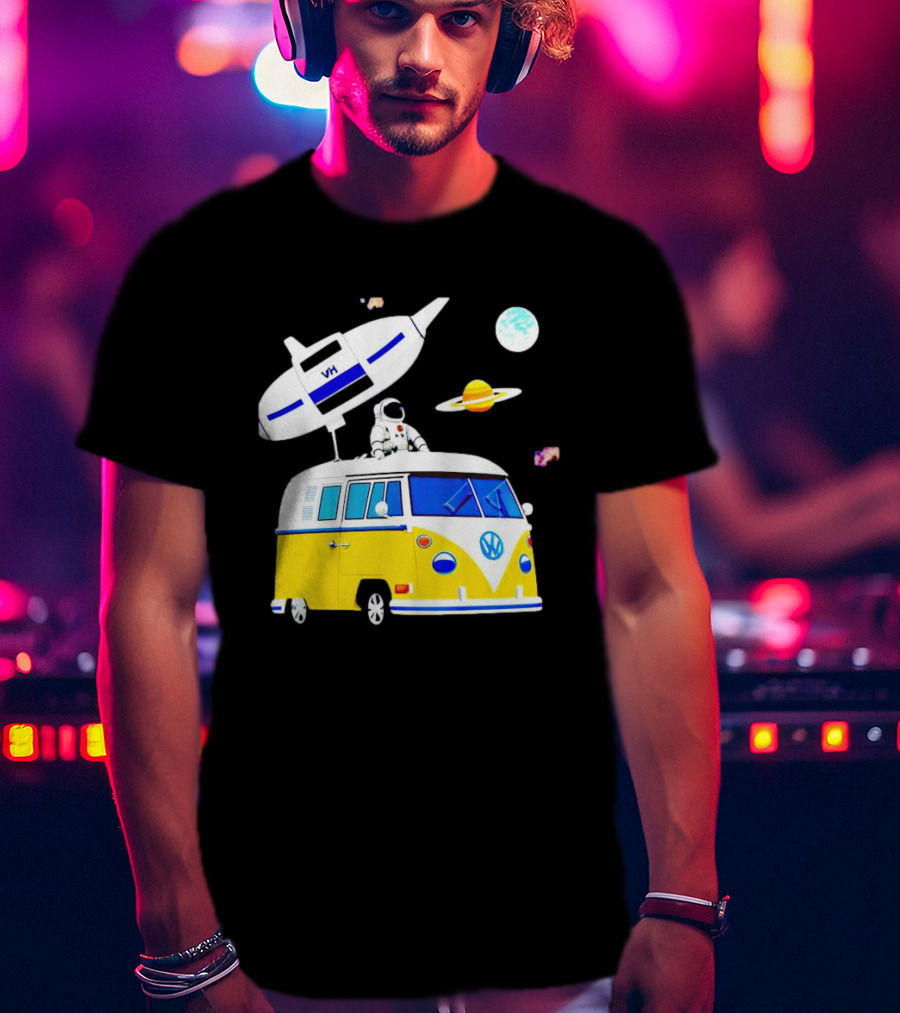 Astronaut Riding Yellow Volkswagen Bus With Rocket And Saturn Planet Background T-Shirt