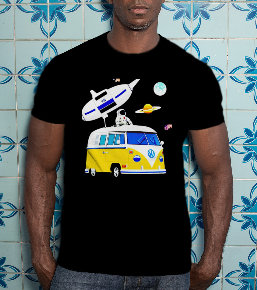 Astronaut Riding Yellow Volkswagen Bus With Rocket And Saturn Planet Background T-Shirt