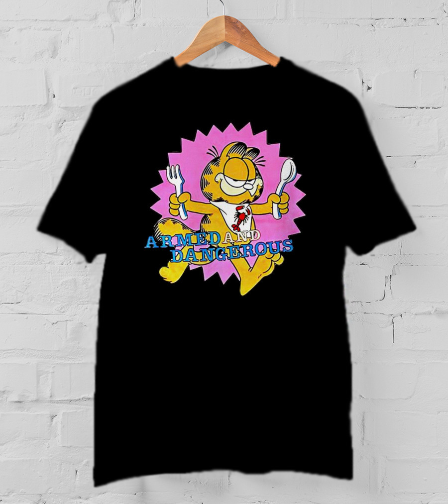 Armed And Dangerous Garfield With Fork And Spoon On Pink Starbursts T-Shirt
