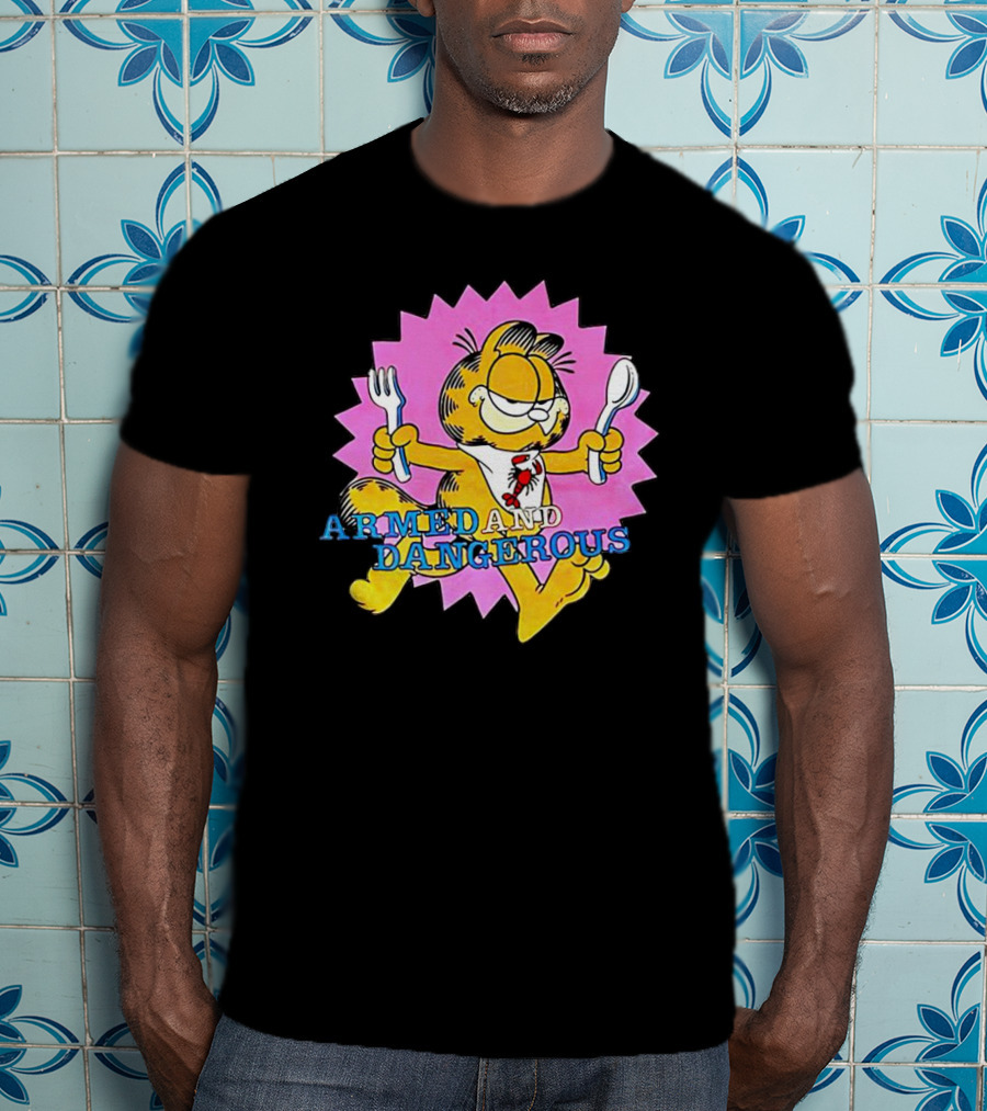 Armed And Dangerous Garfield With Fork And Spoon On Pink Starbursts T-Shirt