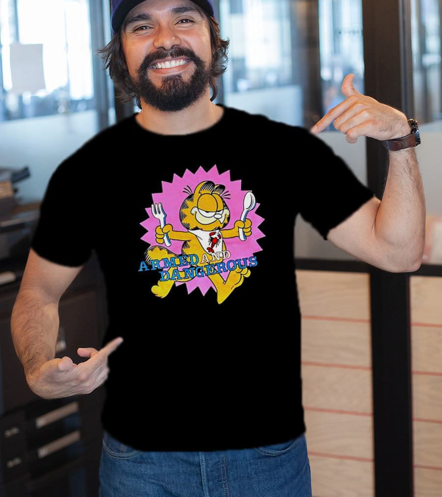 Armed And Dangerous Garfield With Fork And Spoon On Pink Starbursts T-Shirt