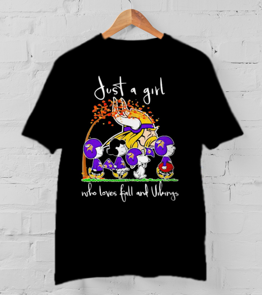 Peanuts Characters Just A Girl Who Loves Fall And Vikings With Autumn Tree And Football Helmets T-Shirt