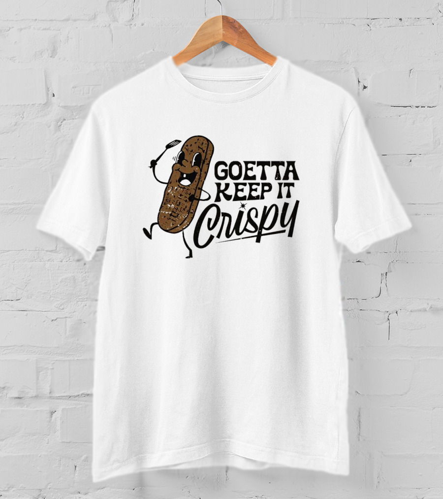 Goetta Keep It Crispy Smiling Fried Stick Character With Fork Enthusiastically Walking T-Shirt