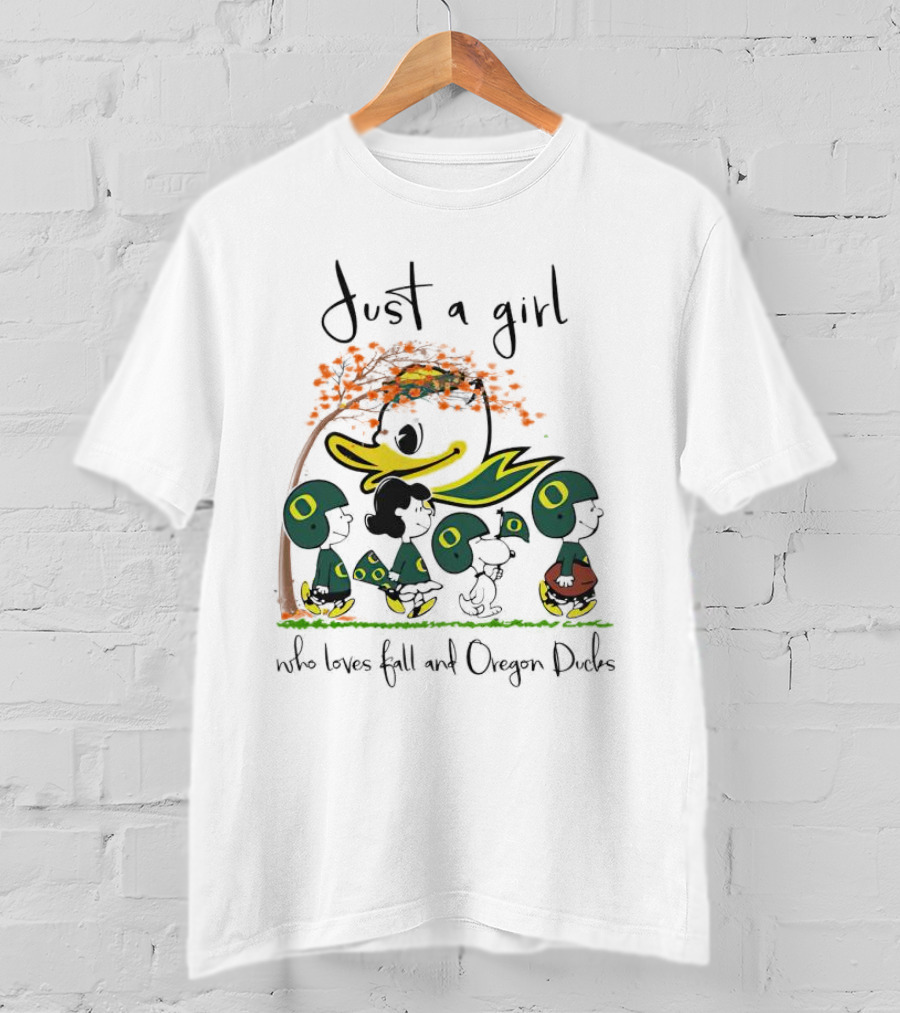 Just A Girl Who Loves Fall And Oregon Ducks Peanuts Characters T-Shirt