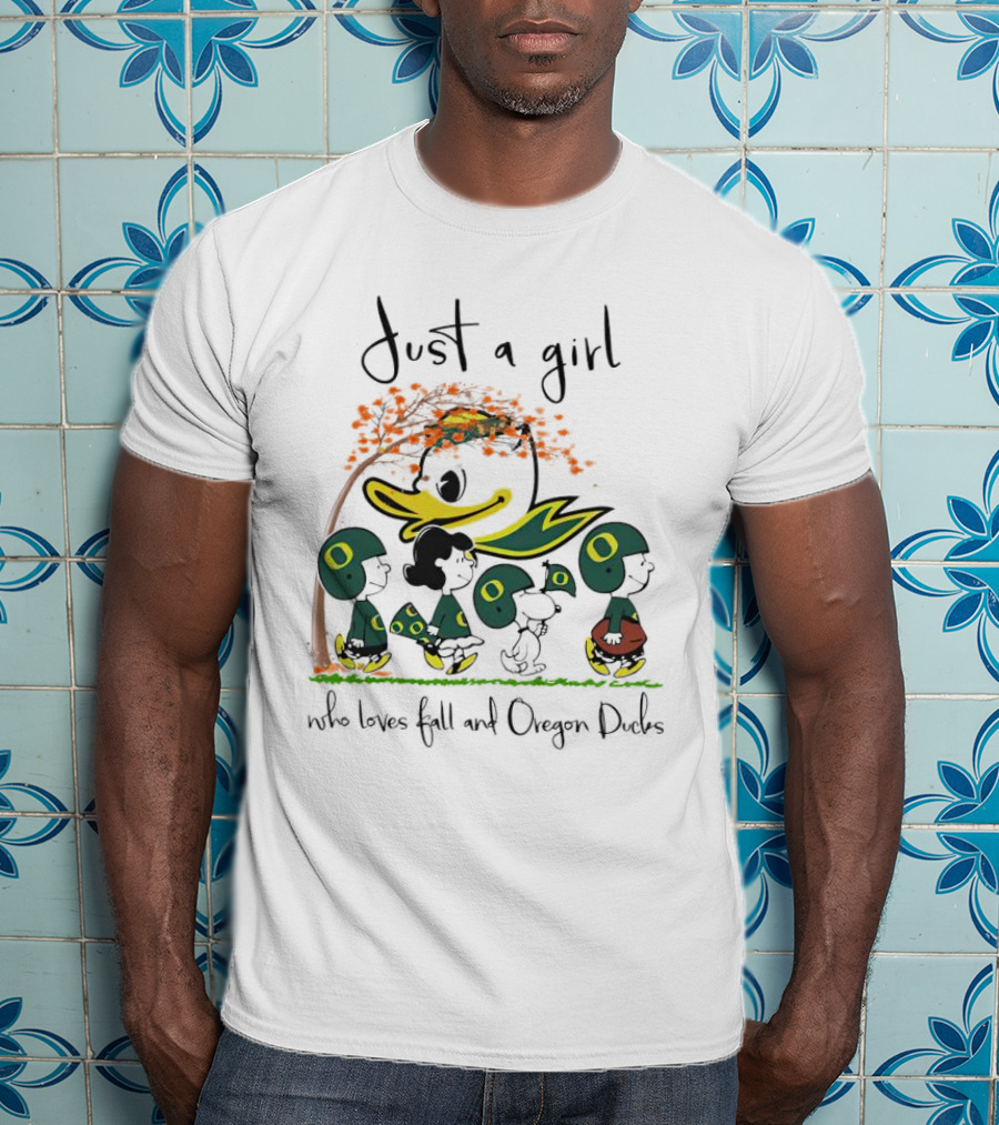 Just A Girl Who Loves Fall And Oregon Ducks Peanuts Characters T-Shirt