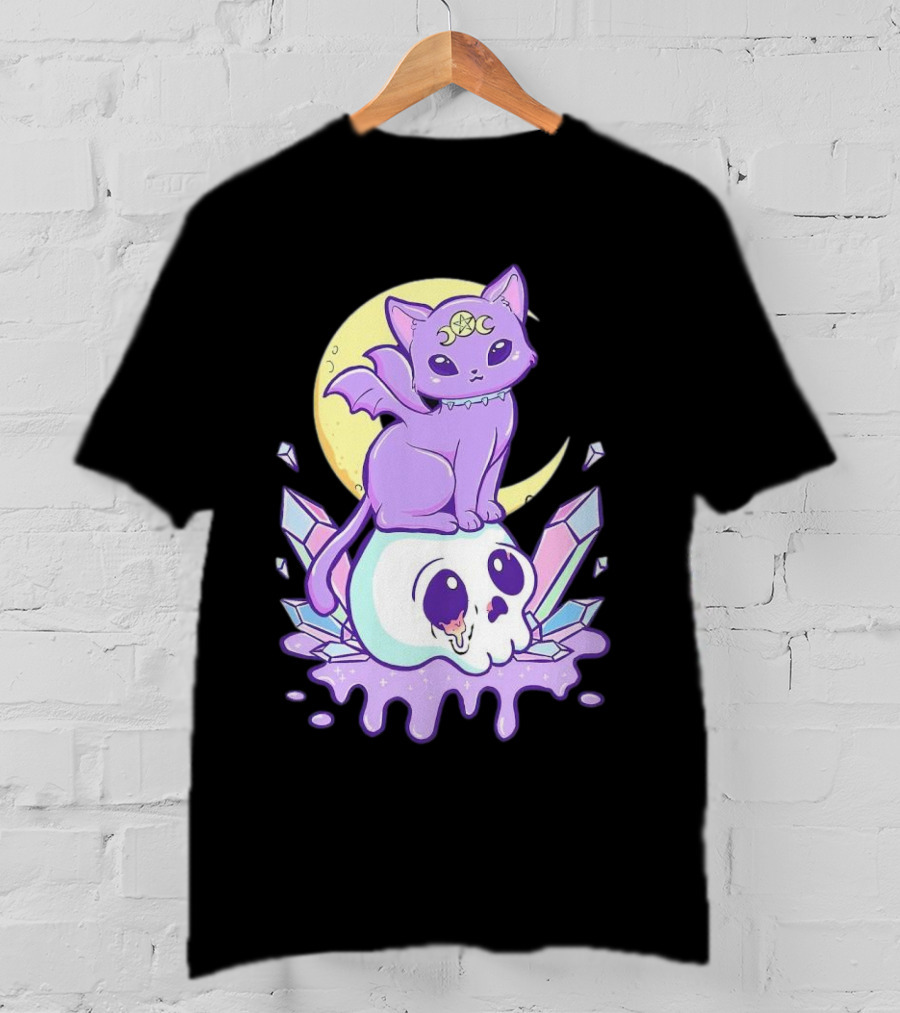 Witchy Cat With Moon And Skull Crystals T-Shirt