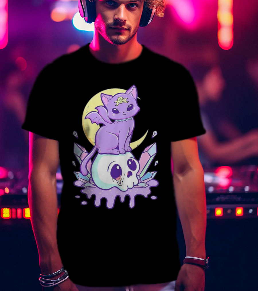 Witchy Cat With Moon And Skull Crystals T-Shirt