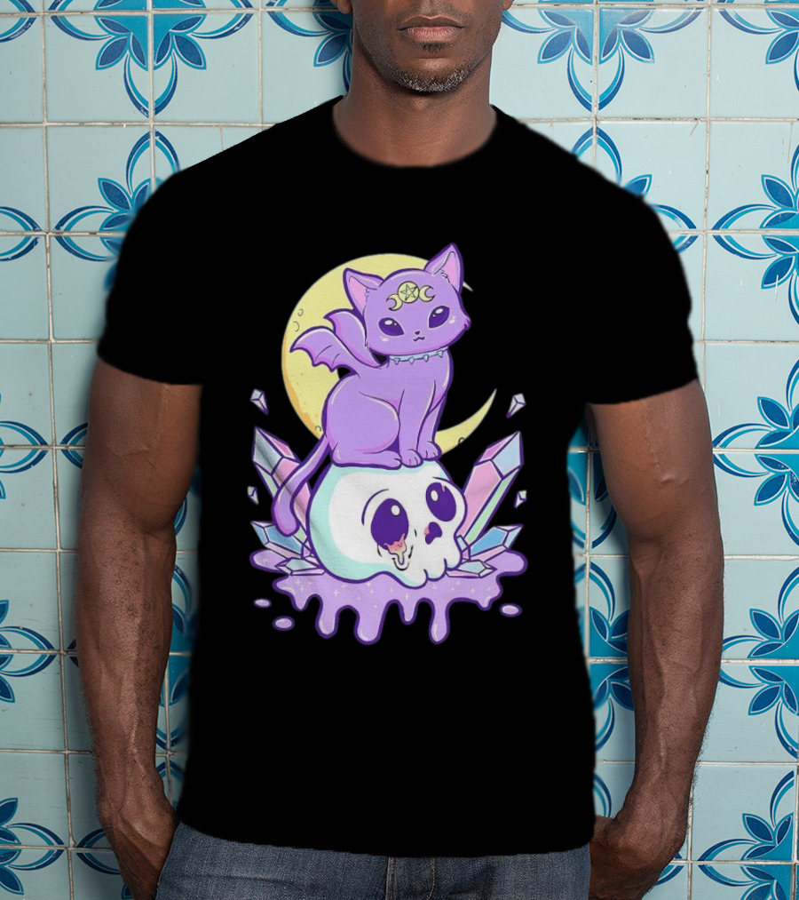Witchy Cat With Moon And Skull Crystals T-Shirt