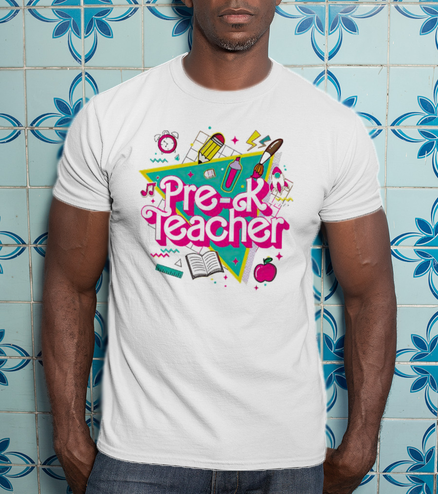 Pre-K Teacher Neon Art Supplies And Icons T-Shirt