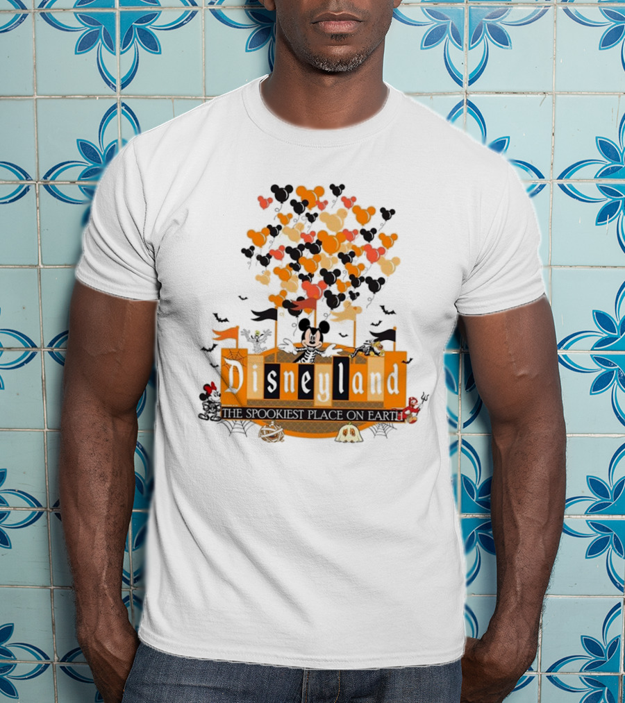Disneyland Halloween Mickey Mouse The Spookiest Place On Earth Orange Bats And Pumpkins T-Shirt