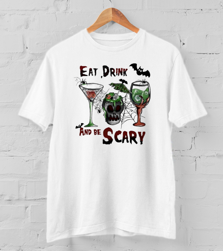 Eat Drink And Be Scary Halloween With Bat And Skull Cocktails T-Shirt