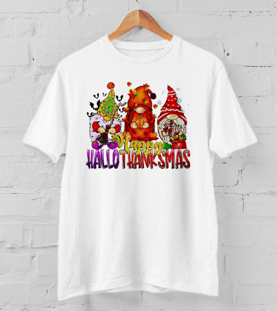Happy Hallothanksmas Gnomes Halloween Thanksgiving Christmas T-Shirt