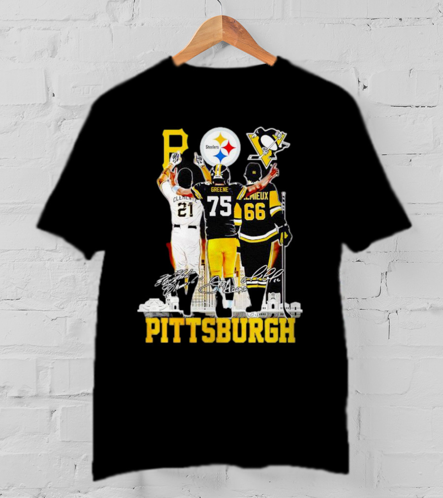 Pittsburgh Steelers Penguins Pirates Clemente Greene Lemieux Signatures T-Shirt
