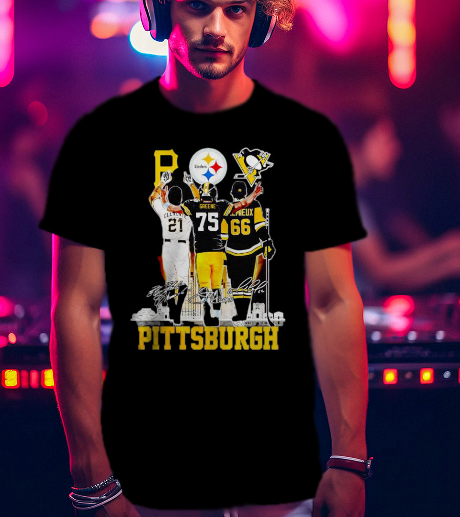 Pittsburgh Steelers Penguins Pirates Clemente Greene Lemieux Signatures T-Shirt