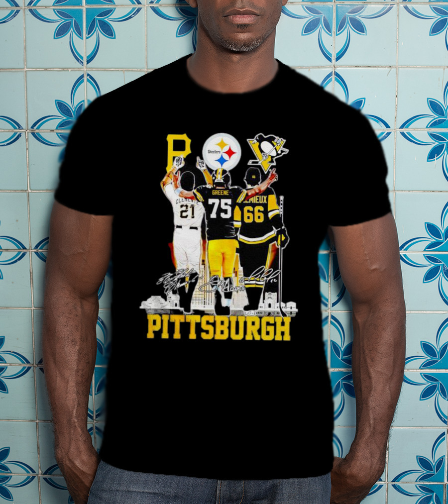 Pittsburgh Steelers Penguins Pirates Clemente Greene Lemieux Signatures T-Shirt