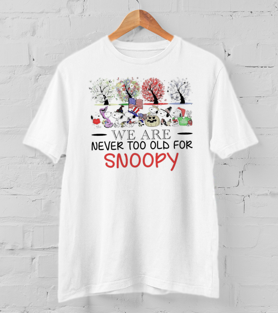 We Are Never Too Old For Snoopy Halloween Christmas American Flag T-Shirt