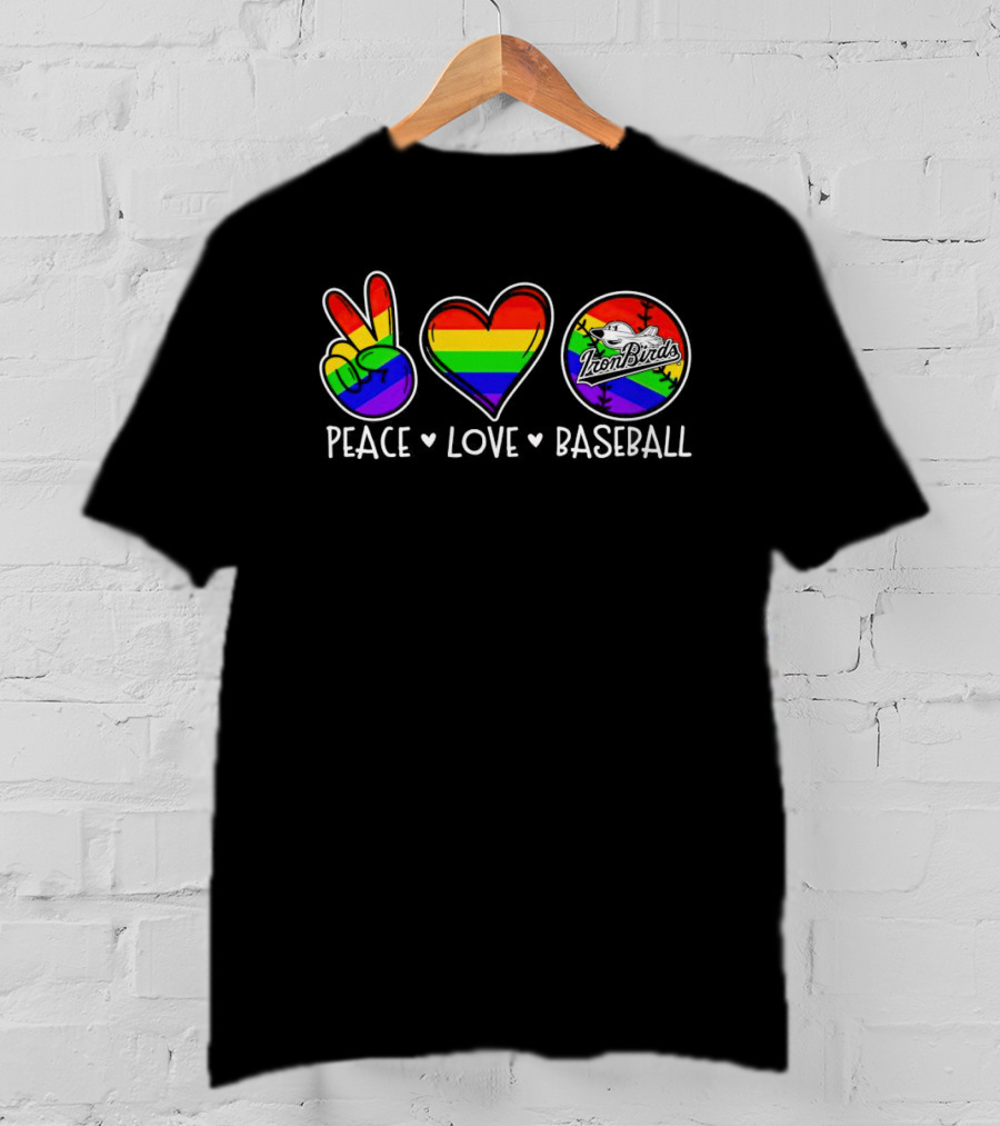 Aberdeen IronBirds Peace Love Baseball Rainbow T-Shirt