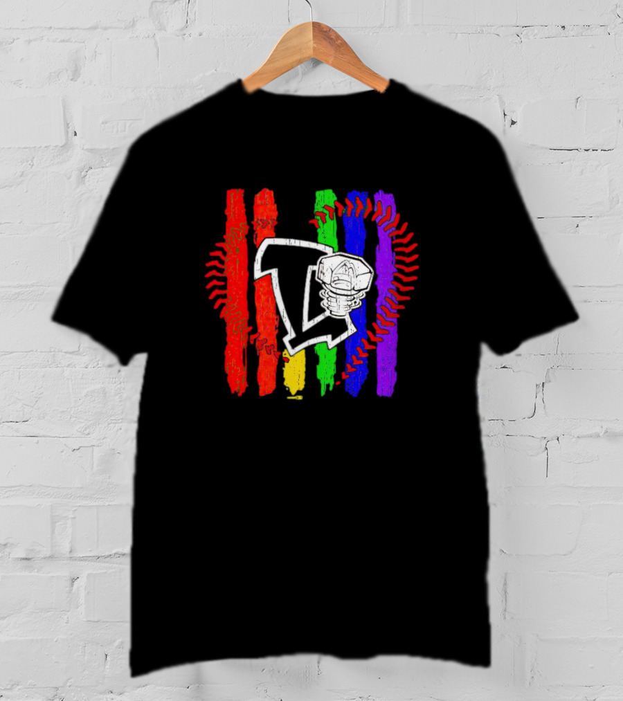 Lansing Lugnuts Pride Logo With Rainbow Stripes And Baseball Seam T-Shirt