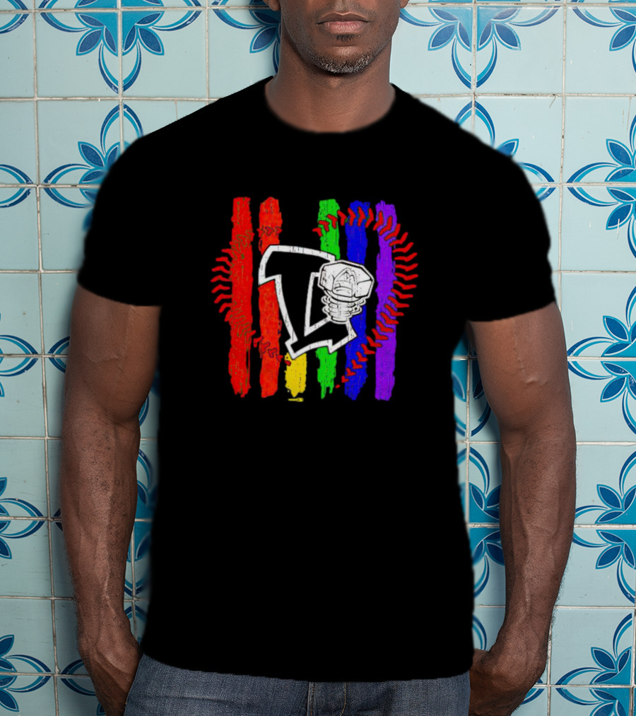 Lansing Lugnuts Pride Logo With Rainbow Stripes And Baseball Seam T-Shirt