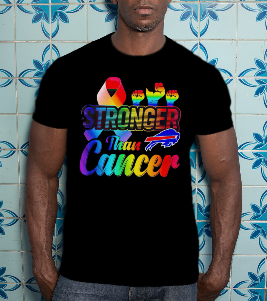 Stronger Than Cancer Buffalo Bills Rainbow Ribbon And Fists T-Shirt