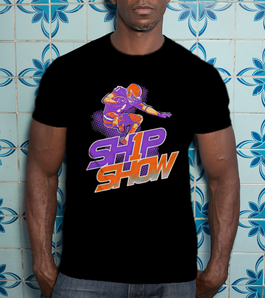 Clemson Tigers Ship Show Football Player In Orange And Purple T-Shirt