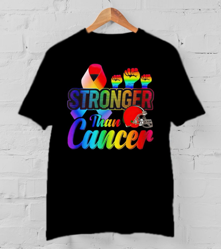 Cleveland Browns Stronger Than Cancer Rainbow Ribbon And Helmet T-Shirt