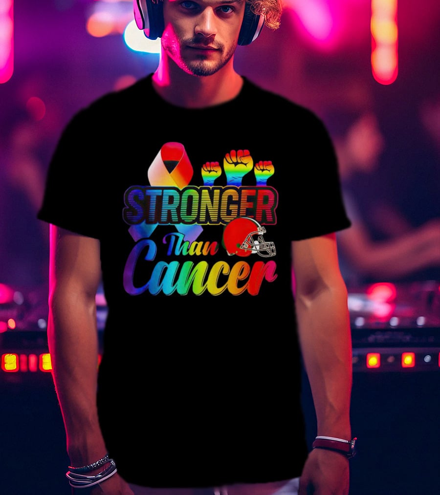 Cleveland Browns Stronger Than Cancer Rainbow Ribbon And Helmet T-Shirt